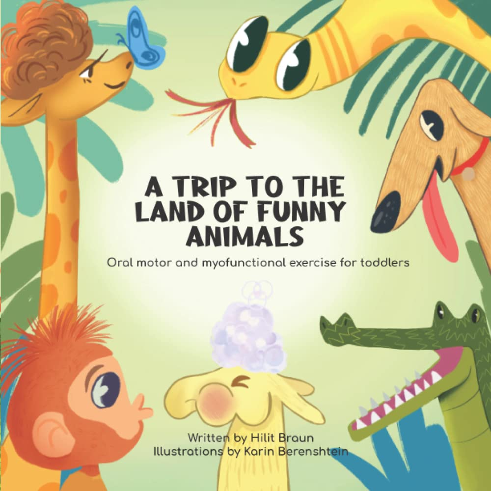 The book cover for 'A Trip to the Land of Funny Animals' featuring a giraffe, snake, dog, monkey, llama, and crocodile.